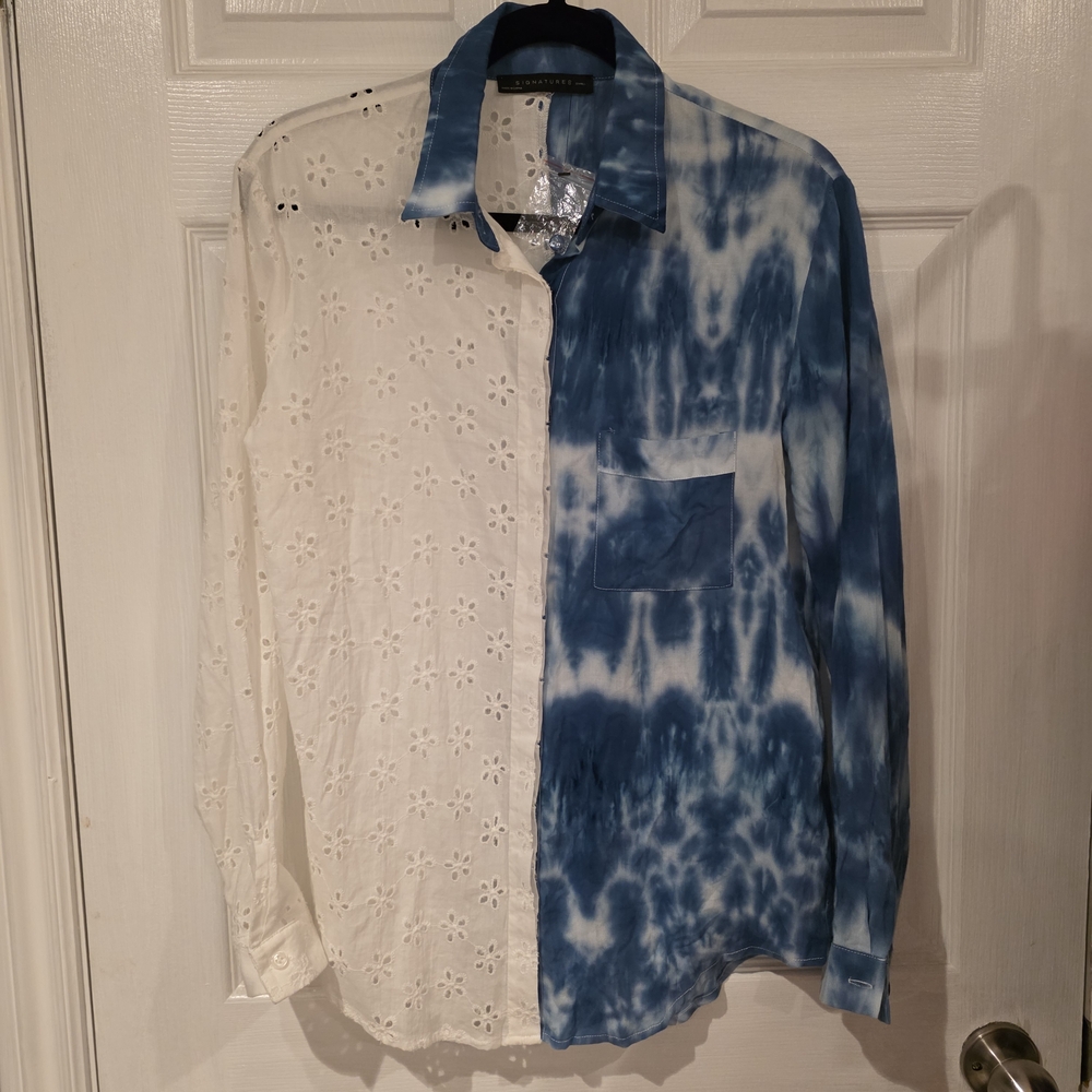 Blue Tie-Dye and White Eyelet Shirt